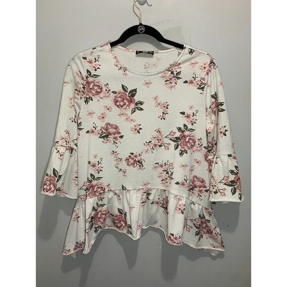Floral Print White & Pink Peplum Top With Bell Sleeves - Picture 1 of 3